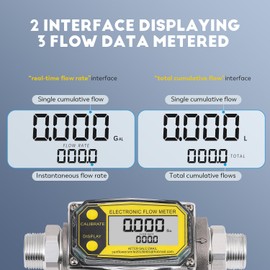 CGOLDENWALL 1” Turbine Fuel Meter, Stainless Steel Water Meter with 1-inch NPT Adapters, Gallon Liquid Flowmeter, Digital Inline Flow Meter for Liquids, Required Flow Rate 2.5-26GPM