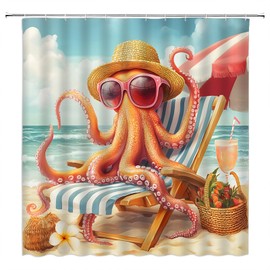 Octopus Shower Curtain Ocean Beach Funny Animal Sea Coastal Orange Blue Beige Bathroom Home Curtain with Hooks,70" Wx70 H