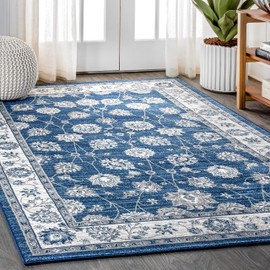 JONATHAN Y MDP101A-4 Modern Vintage Moroccan Traditional Indoor Area -Rug Floral Easy -Cleaning Bedroom Kitchen Living Room, 4 X 6, Navy/Light Grey