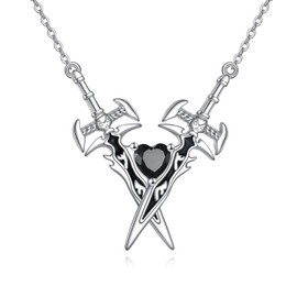 VONALA Gothic Double Swords Necklace 925 Sterling Silver Punk Dagger Black Pendant Necklace Jewelry Gifts for Women Men Unsex