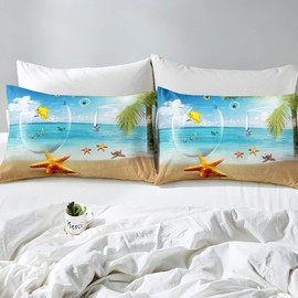Loussiesd Hawaiian Beach Bed Sheet Set Beach Starfish Bedding Set Ocean Marine Themed Fitted Sheet for Kids Men Women Palm Tree Bed Cover Summer Holiday Room Decor King Size
