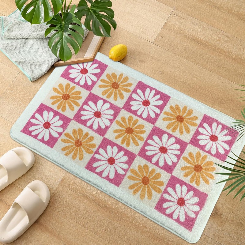 yueyaer Checkered Floral Bathroom Rug, Ultra Soft and Fluffy Microfiber