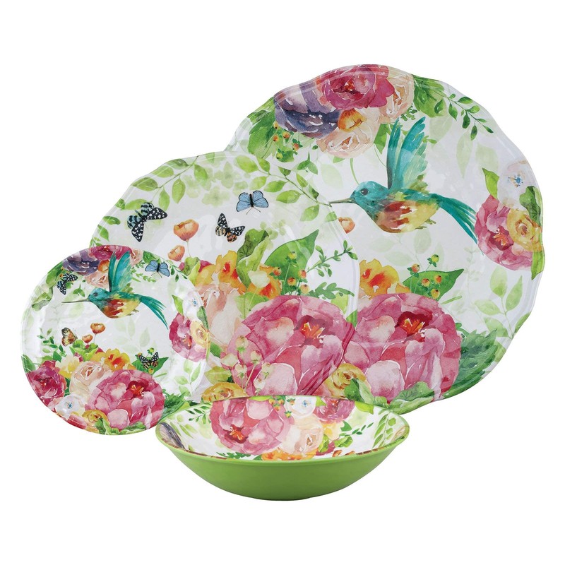 UPware 16 Piece Rose Garden Melamine Dinnerware Sets, Outdoor Dishes