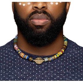 Male African Bead Choker| Men's Krobo Glass Bead Necklace w/Sun Baule from Ghana – Unisex| Cloth&Cord