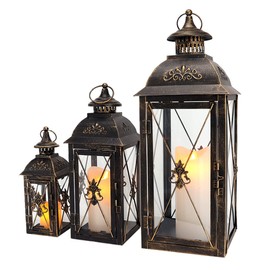 TRIROCKS Set of 3 Decorative Candle Lantern 19''&13"&10" H Vintage Metal Candle Holder with Tempered Glass Perfect for Garden Yard Patio Wedding Parties Events Indoors Outdoors (Black)