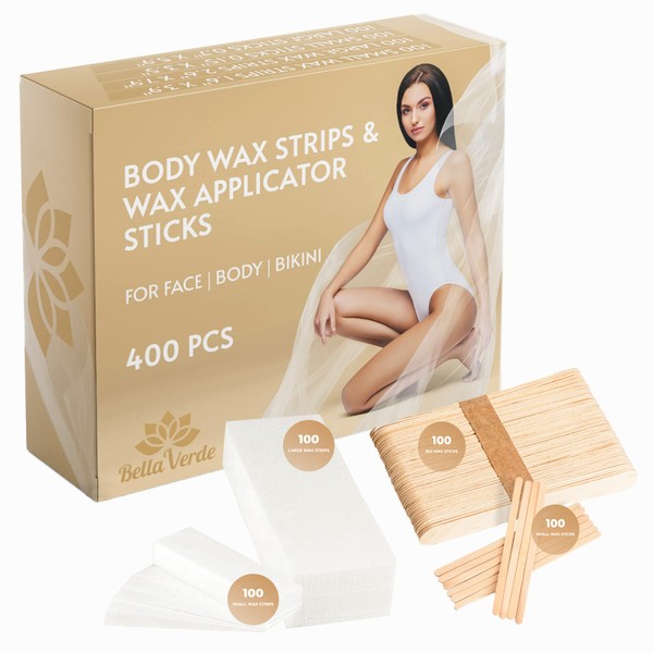 Bella Verde Wooden Wax Applicator Sticks and Non-Woven White Wax Strips - Wooden Waxing Spatulas - Large - 400 count - Hair removal - For Men - Women - Brazilian Eyebrow Home Body Waxing - Prime