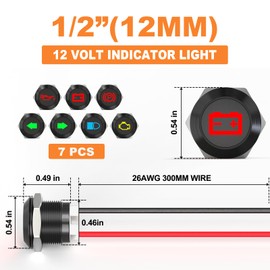 GASHER 7 Pack 12V LED Indicator Light, 12 Volt Indicator Pilot Dash Light Energy Saving Indicator Light with 300MM Wires
