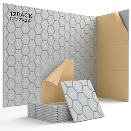 Acoustic Wall Panels Sound Absorbing, Honeycomb Self Adhesive Wall Tiles Panel, 12 Pack Decorative Hexagon Design for Studio, Home Office, Gaming Room, Acoustic Treatment, 12"x12"x0.4", Gray
