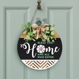 GOSSBY Interchangeable Welcome Sign for Front Door - BLESS THIS HOME - Seasonal Rustic Wood Wreath - Hanging Wall Sign Decoration for Outside, Porch, Farmhouse - New Home, Housewarming Gift