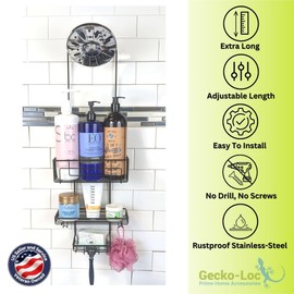 Gecko-Loc Extra Long Adjustable Length Deep shelf over the showerhead hanging shower caddy organizer - bathroom caddies storage rack stainless steel hooks soap dish - Bronze
