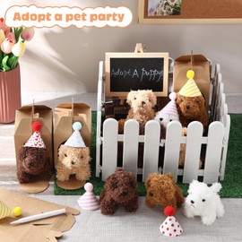 Rigibright 90Pcs Adopt A Puppy Party Favors Mini Plush Stuffed Animals Set Includes 24 Mini Dogs Birthday Hats White Plastic Fence with Artificial Lawn for Adopt A Pet Theme Birthday Party