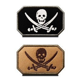 Pack of 2 Pirate Flag Military Embroidered Applique Clasp "Pirate Captain Jack" Emblem Patch for Attaching to Clothes Jackets Jeans Hat Vest Dog Harness Collecting