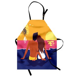 Ambesonne Graphic Beach Apron, Romantic Couple Sits on Coast and Watches Sunset Horizon in Abstract Colors, Unisex Kitchen Bib with Adjustable Neck for Cooking Gardening, Adult Size, Multicolor
