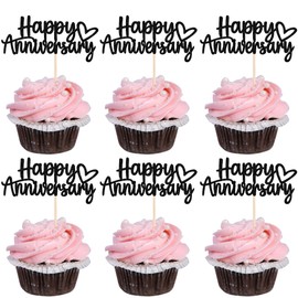 ZHUOWEISM 24 PCS Happy Anniversary Cupcake Toppers Glitter Wedding Anniversary Cupcake Picks Decorations for Wedding Anniversary Birthday Party Supplies Black
