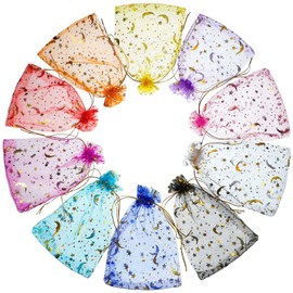 200 Pcs Moon Stars Drawstring Organza Bags Candy Jewelry Bags Organza Favor Gift Wrap Bags 4 x 6 Inch Assorted Colors Sheer Organza Mesh Pouch for Christmas Wedding Birthday Party