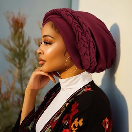 DRESHOW African Women's Turban Double Braid Headwear Headwear Chemo Cap Pre-Tied Beanie Hat Head Wrap Sleep Hat, 1 x double twisted braid hat: burgundy