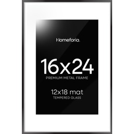 Homeforia 16 x 24 Picture Frame Black, High End Metal 24x16 Poster Frame, 16 x 24 Black Frames Matted to 12 by 18 inch Print, 24by16 Thin Frame with Mat 12x18 Photo, Tempered Glass, Wall Kit, Set of 1
