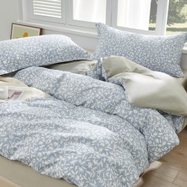 SAPHREAS HOME Leaf Duvet Cover Queen Size-Grey Duvet Cover with White Leaf Botanical Pattern Printed Comforter Cover Soft Cotton 3pcs 1 Duvet Cover 2 Pillowshams, Meliades