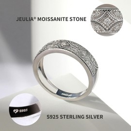 Jeulia 925 Sterling Silver Moissanite Diamond Ring Milgrain Round Cut Women's Band Anniversary Promise Rings with Jewellery Box for Her Women Girls, Sterling Silver, Zircon
