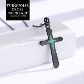 LTSTAND Black Women Turquoise Cross Necklace, 925 Sterling Silver Religious Faith Cross Pendant Necklace with Turquise Western Jewelry Gifts for Women