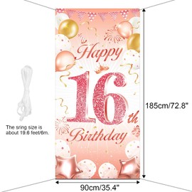 DPKOW Rose Gold 16th Birthday Party Decoration for Girl, Rose Gold 16th Birthday Banner for Backdrop Door Decoration, Fabric 16th Birthday Background Banner for Garden Table Wall Decoration, 185x90cm