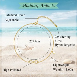 Deyanse Anklets for Women, Silver, Infinity Heart/Heart Anklet, 925 Sterling Silver Anklet for Women, Summer Beach Ankle Bracelet, Foot Clip, Waterproof Foot Jewellery, Adjustable, 22 + 5 cm, Sterling