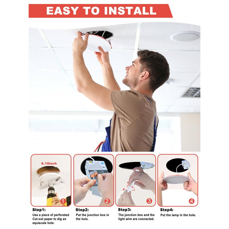 Wembanma 4-Inch Fire-Rated Recessed Light-5CCT Selectable 2700k/3000k/3500k/4000k/5000k,9W with Junction Box,2