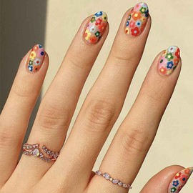 RikView Medium Press On Almond Fake Nails with Flowers Design - Colorful, Glossy Full Cover Nails - 24 PCs/Set
