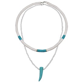 PINK TOWN Bohemian Colorful Polymer Clay Choker Necklace for Women Vintage Fake Wolf Tooth Pendant Beach Surfer Beaded Choker Necklace Summer Beach Hawaiian Friendship Jewelry (Blue)