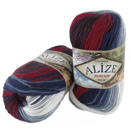 ALIZE BURCUM Batik Knitting Wool, Hand Knitting Yarn, Choice of Colours, Colour: 2978 White/Blue/Red, 100 g