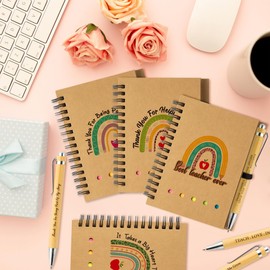 ANGOLIO Teacher Sticky Notes Set - 12Pcs Rainbow Wirebound Spiral Notebook Kraft Cover Notepads Colored Sticky Notes Flags with Bamboo Pens for Appreciation Thank You Gift Students Office Supplies