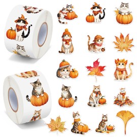 BkeeCten Autumn Cat Sticker Rolls - 1000pcs Watercolor Fall Kitten Stickers, Waterproof Vinyl Reusable Laptop Coloring Book Scrapbook Water Bottle Page Activity Pad Birthday Party Favor Gift Wrapping