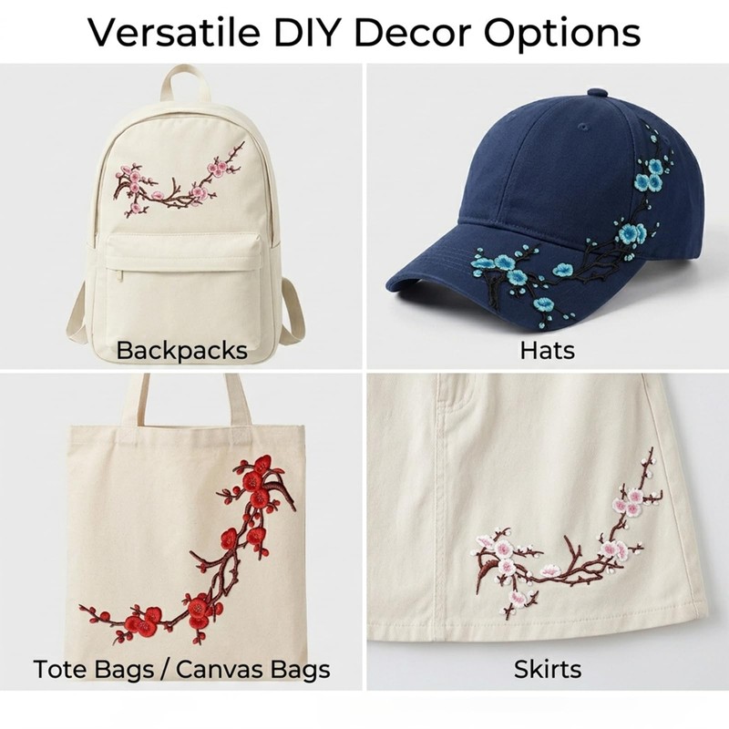 5 Pcs Cherry Blossom Patches, Embroidered Iron On Appliques for