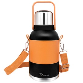 RYACO Stainless Steel Insulated Water Bottle, 1.2L/40.57oz, BPA Free Double Walled Vacuum Thermal Leakproof Metal Water Bottle, Leather cup Holder and Shoulder Strap, Gym/Camping/Outdoor/Sports, Black