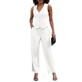 Women's 2 Piece Outfits Elegant Blazer Vest Pockets Wide Leg Pant Suit Casual Matching Set, 3011-off White, X-Large