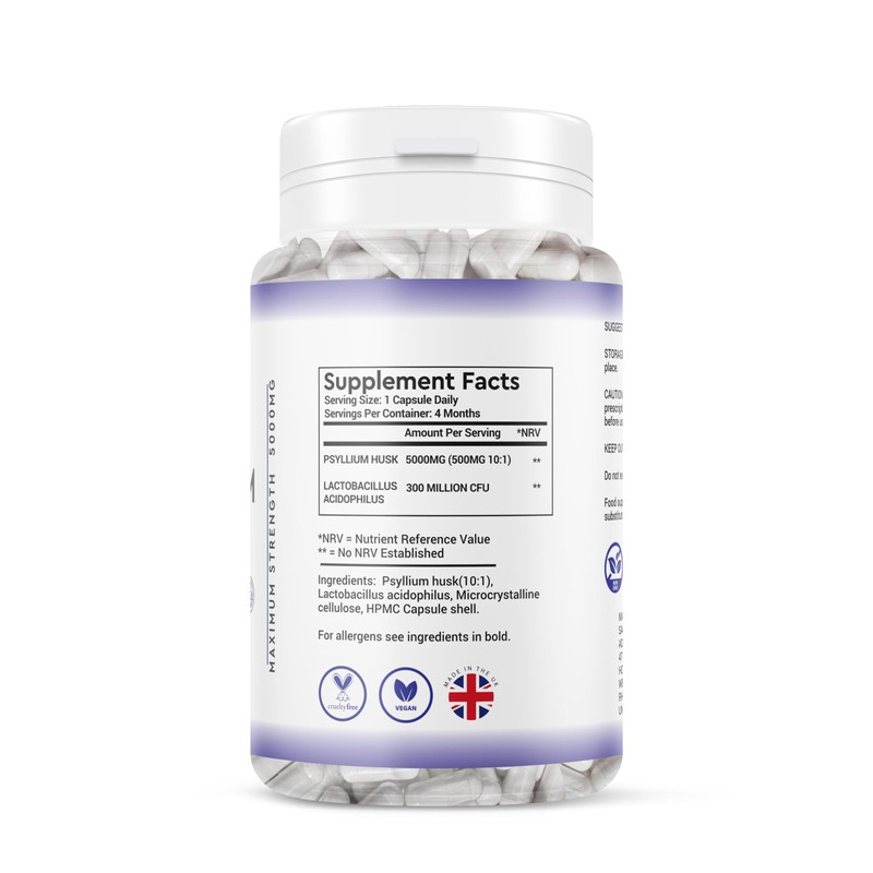 Physlium Husk 5000mg - 4 Month Supply 120 Capsules -