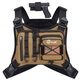 CVLIFE Outdoor Chest Bag for Men, Tactical Chest Pack with Pistol Holster, Lightweight EDC Chest Rig Bag with Extra Storage, Adjustable Tactical Running Vest Bag for Hiking, Sports, Workouts, Cycling, Running - Color: Khaki
