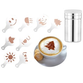 SIPLIV Coffee Art Tool Kit 60 Pcs Different Kinds of Patterns Coffee Decorating Stencils and A Stainless Steel Cocoa Powder Shaker with Fine-Mesh Lid for Baking Cooking Home Restaurant
