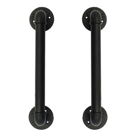 FOYO Set of 2 Industrial Pipe Door Pull Handle, Grab Bar, Towel Bar, Antique Rustic Cast Iron Handrail - Matte Black, 1-1/4"Diameter Pipe, 15 Inch
