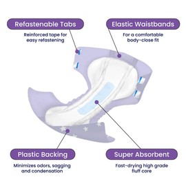 Forsite AM PM Briefs Printed Adult Diapers, Lavender + Stars, Medium, Pack/12