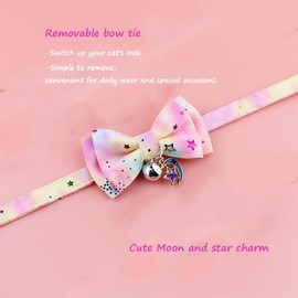 Petiry Starry Cat Collar with Bowtie, Jingly Bell and Breakaway Buckle - Adorable Moon & Star Charms for Kittens and Cats,Blended Pink