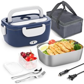 Carsolt Electric Lunch Box Food Heater - 3 in 1 Portable Leakproof Heated Lunch Box for Car/Home/Adults with 1.5L Removable 304 Stainless Steel Container, Max 80W, 12V/24V/110V (DarkBlue)
