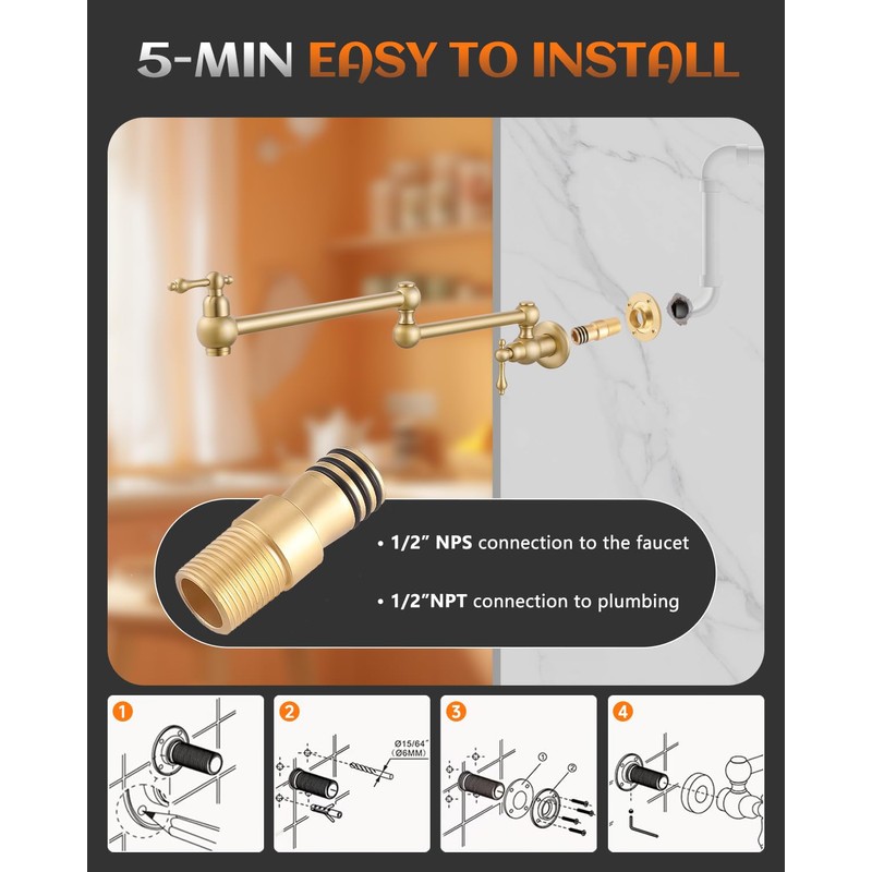RALANDA Brass Pot Filler Faucet Gold, Dual Valve Wall Mount