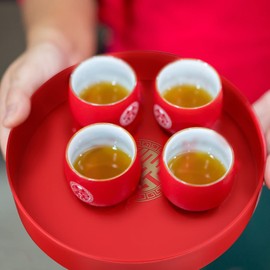 Alipis Red Round Tray Chinese Style Wedding Snack Trays, Flower Shape Candy Plate Tea Coffee Serving Trays Dried Fruit Platters, 3Pcs