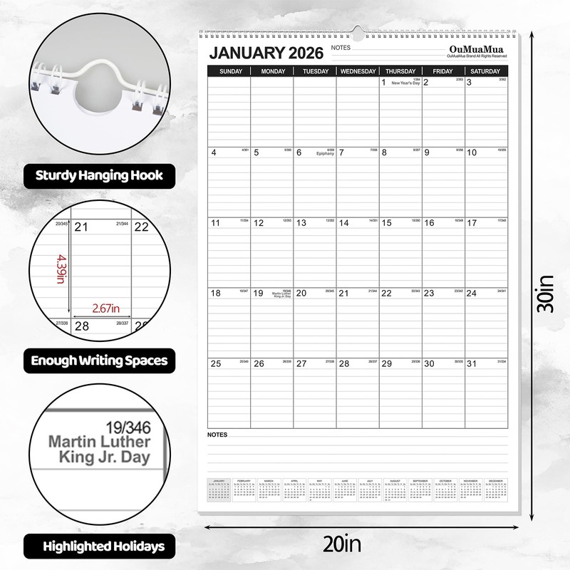OuMuaMua Extra Large Wall Calendar 2026, 30" X 20" Vertical