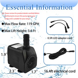 SAC SMARTEN ARTS Submersible Water Pump - Quiet, 119GPH, 10W, 12V, 3.6ft Lift for Aquariums, Fountains, Ponds, Hydroponic Systems