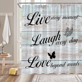 DSMEUE Live Laugh Love Shower Curtain Rustic Teal Wooden Board Butterfly Inspirational Motivational Quotes Positive Motto Phrase Words Modern Bathroom Decor Curtain with Hooks,70" Wx70 H