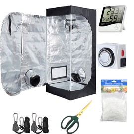 Hydro Plus Hydroponic 24"x24"x48" Grow Tent + 1Pair Grow Light Hangers + 1Pcs Hygrometer Thermometer for Indoor Plant Growing System