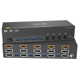 HDMI Displayport KVM Switch 3 Monitor 4 Computer 8K@60Hz/4K@144Hz KVM Switches with 4 USB 3.0 Port,Wired Remote,Power Adapter and 4 USB3.0 Cables Included