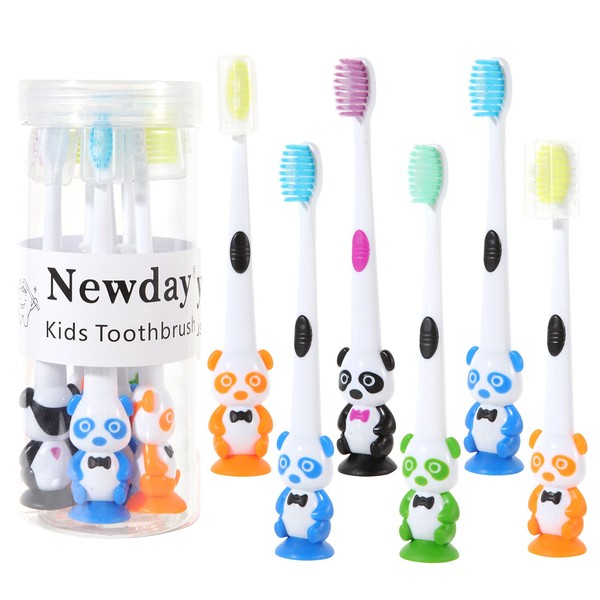 Newday Toddler Toothbrushs, Children's Toothbrushes Set, Soft BristlesToothbrush for Kids, Cute Bear Colorful Panda, Kids Toothbrush with Suction Cup, Baby's Teeth Age3+, Includes 6 Travel Covers